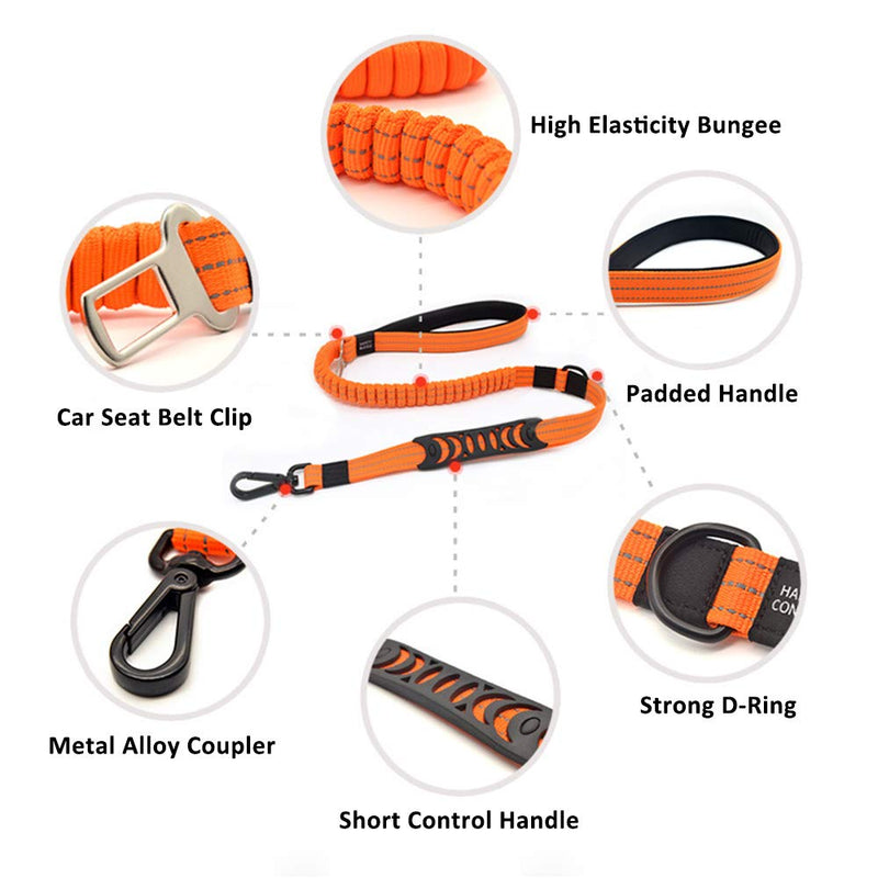 Multipurpose Strong Nylon Dog Lead Leash with Dog Seat Belt Clip for Car, 1.1m - 1.5m Bungee Dog Lead Leash Shock Absorber for Small Medium Large Dog, with Reflective Stitching & Padded Handle（Orange） - PawsPlanet Australia