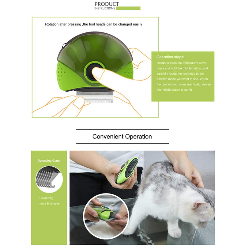 LEWARM 3-in-1 Cat Comb Multiuse Dematting Comb/Deshedding Comb/Flea Comb for Small Dogs and Cats Teeth Rotatable Pets Hair Care, Open Knot Loosing Fur Rake Grooming Trimming Green - PawsPlanet Australia