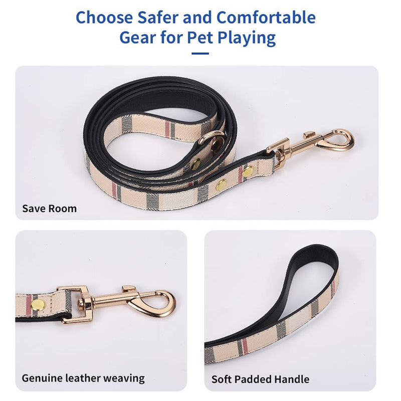 ANYDERTS 4 ft Puppy Leather Leash, Checked Pattern Collar, Durable Leather Collar with Metal Buckle, Strong and Soft Leather Leash for Small and Medium-Sized Dog - PawsPlanet Australia