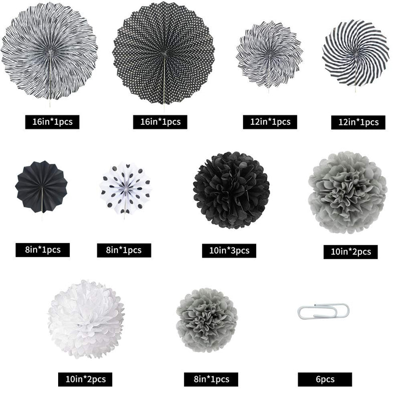 Black White Hanging Paper Party Decorations, Round Pattern Paper Fans Set with Tissue Paper Pom Poms Flower Balls for Halloween Wedding Bridal Baby Shower Graduation Events Accessories, Set of 14 Black White - PawsPlanet Australia