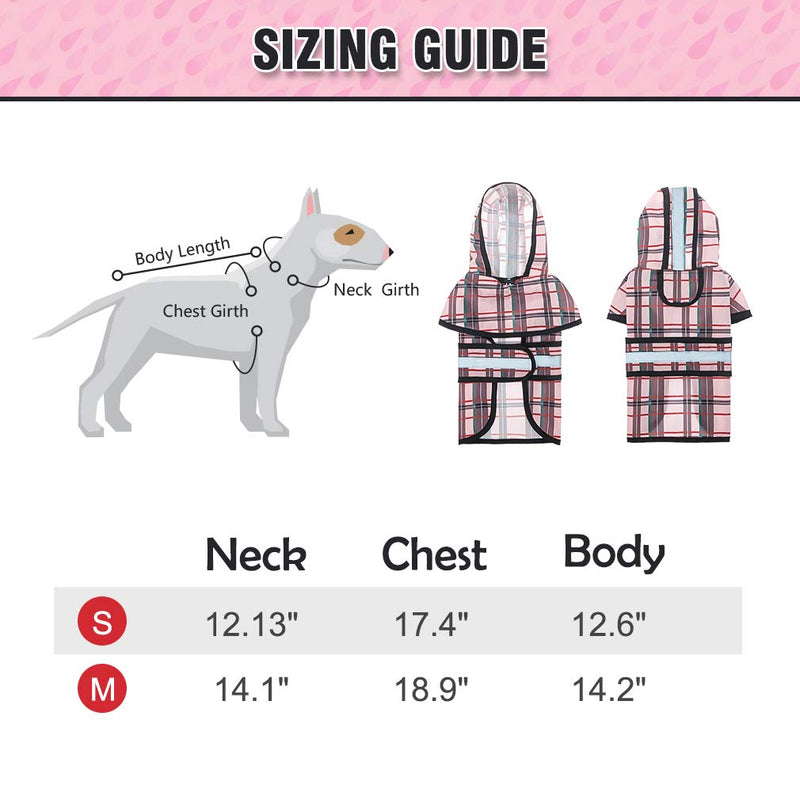 BINGPET Plaid Dog Raincoat - Hooded Waterproof Pet Poncho with Reflective Strap, Lightweight Dog Rain Coat Jacket with Leash Hole, Fit for Small Medium Dogs, Pink - PawsPlanet Australia