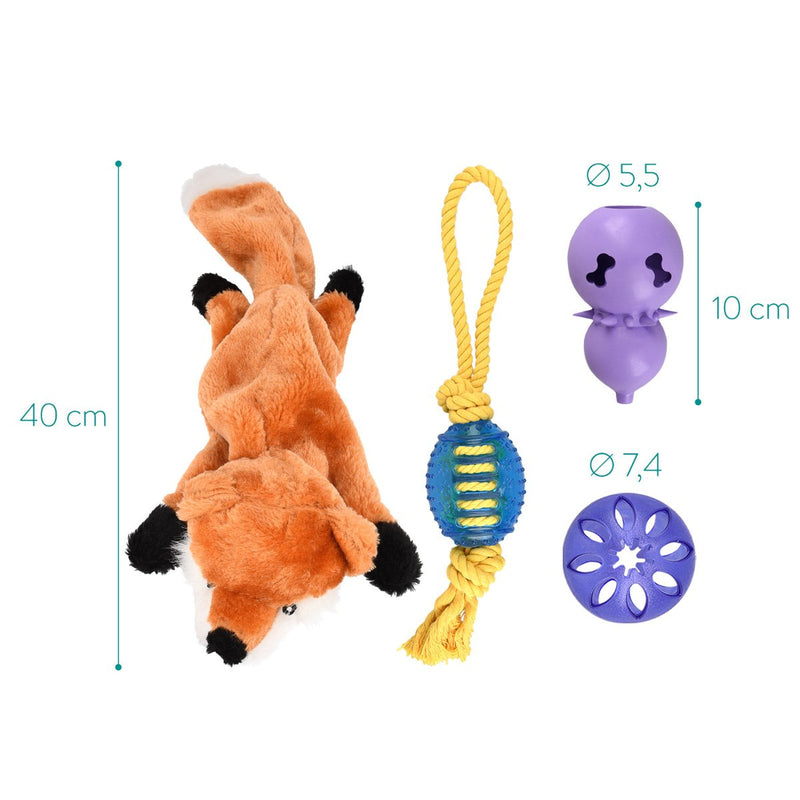 Navaris 4-in-1 Dog toy playing set - Dog toy set with a soft fox toy snack ball rugby rope toy snack game - Also for puppies - PawsPlanet Australia