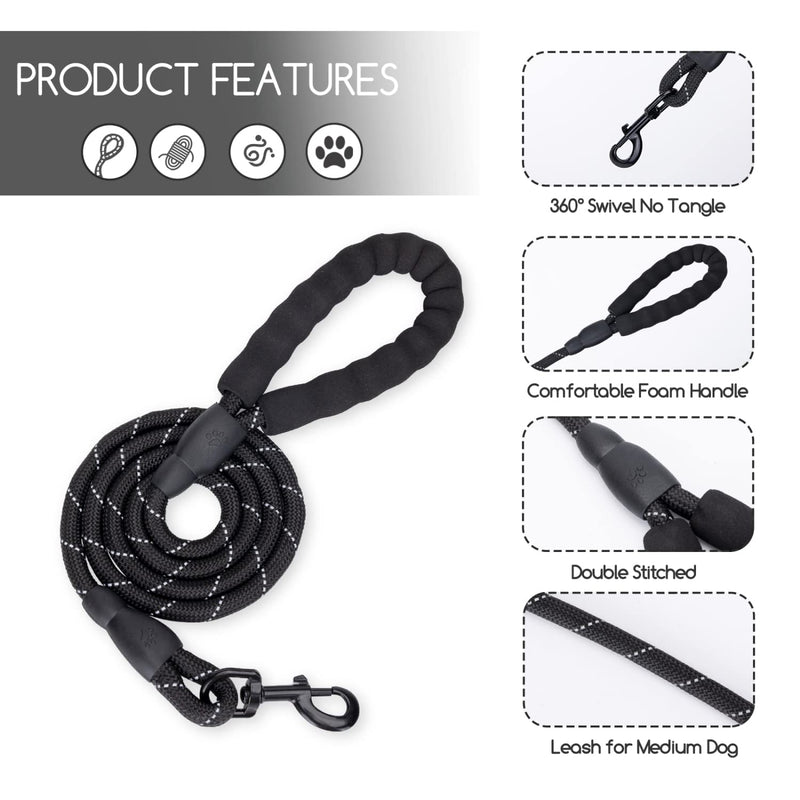 Nobleza Rope Dog Lead with Soft Comfortable Padded Handle, 5 FT Strong Dog Slip Leads, Highly Reflective Threads for Small, Medium and Large Dogs (Black, 150cm x 1.2cm) 1.5m with Soft Padded Handle - PawsPlanet Australia