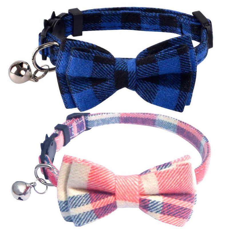 [Australia] - Adjustable Cat Collar Breakaway with Cute Bow Tie and Bell for Kitty Safety Pet Cat Collars Blue+Pink 