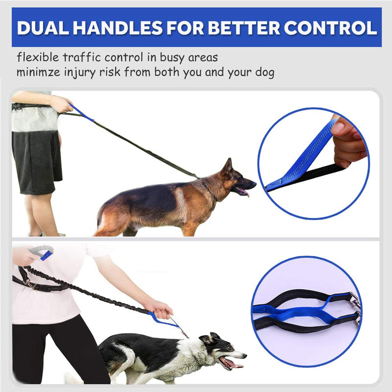 [Australia] - LANNEY Hands Free Dog Leash for Running Walking Training Hiking, Dual-Handle Reflective Bungee, Poop Bag Dispenser Pouch, Adjustable Waist Belt, Shock Absorbing, Ideal for Medium to Large Dogs Black W Blue 