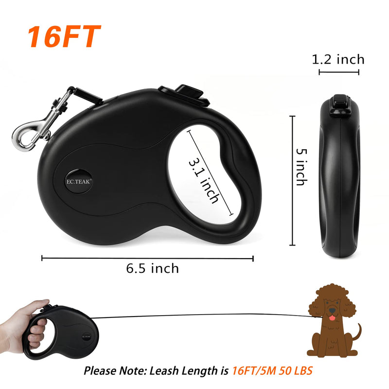 EC.TEAK 16 FT Retractable Dog Leash with Poop Bag Holder, Dog Walking Leash for Small/Medium Dog or Cat up to 50 lbs, Strong Nylon Tape, Tangle Free, One-Hand Brake - PawsPlanet Australia