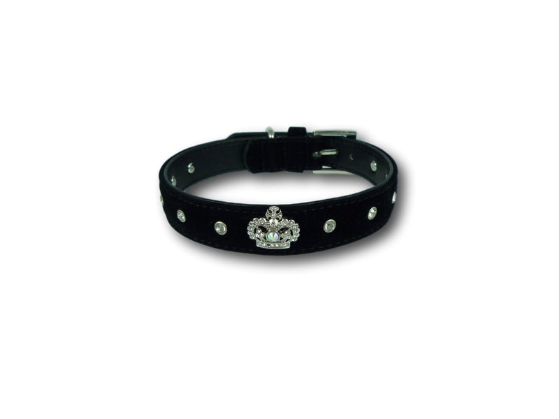 Cara Mia Dogwear Diamante Crown/Bone and Studs Velvet Dog Collar (Large, Black Crown) Large - PawsPlanet Australia