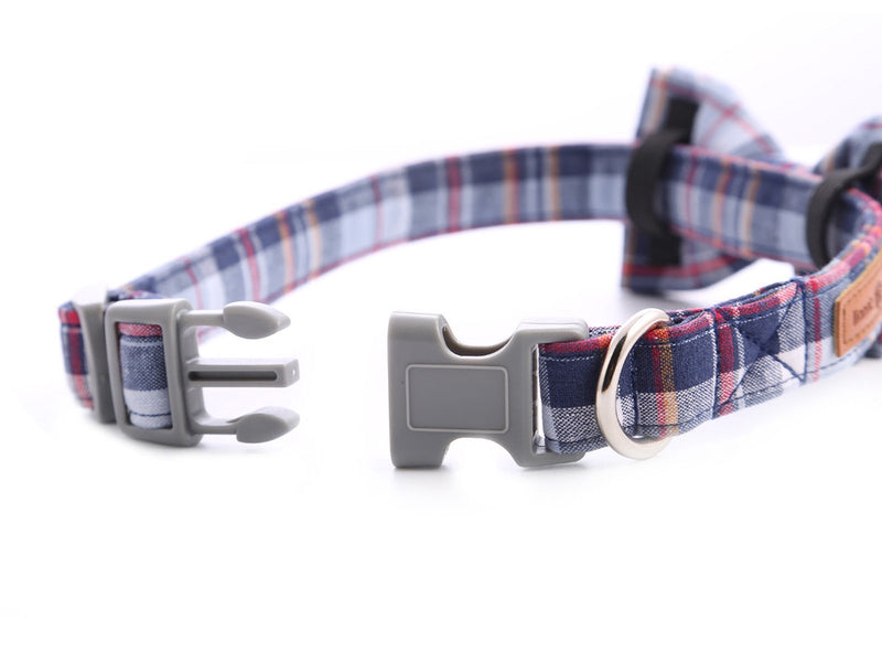Lionet Paws Cat and Dog Collar with Bowtie,DarkBlue Plaid Cotton Collar with Plastic Buckle,Adjustable Collars for X-Small Dogs and Cats,Neck 8-12in XS (Pack of 1) DarkBlue - PawsPlanet Australia
