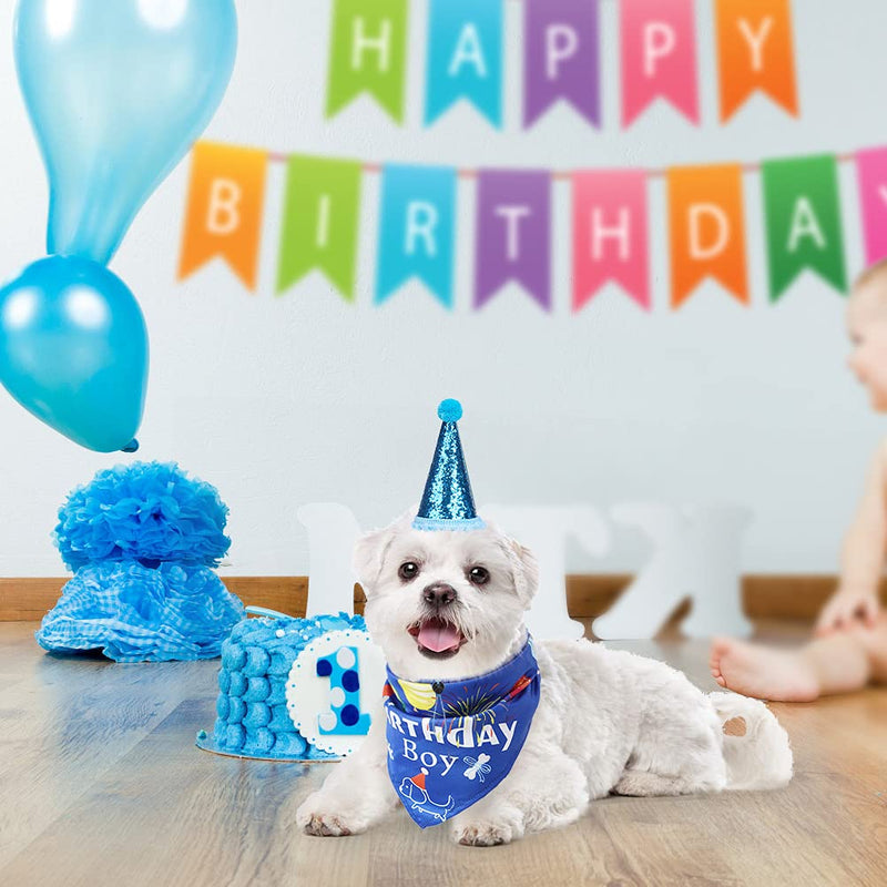 CUTEFURRY Boy Dog Birthday Bandana and Hat Set, Soft Breathable Birthday Triangle Scarf and Cute Party Hat, Excellent Birthday Gift for Small Medium Dogs, Puppies Blue - PawsPlanet Australia