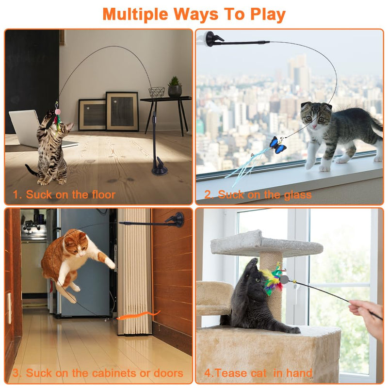 Pack of 11 interactive cat toys with feathers, cat fishing rod with feathers, cat toy fishing rod with suction cup, cat fishing rod suction cup with butterflies, feathers and beetles, for cats and kittens - PawsPlanet Australia