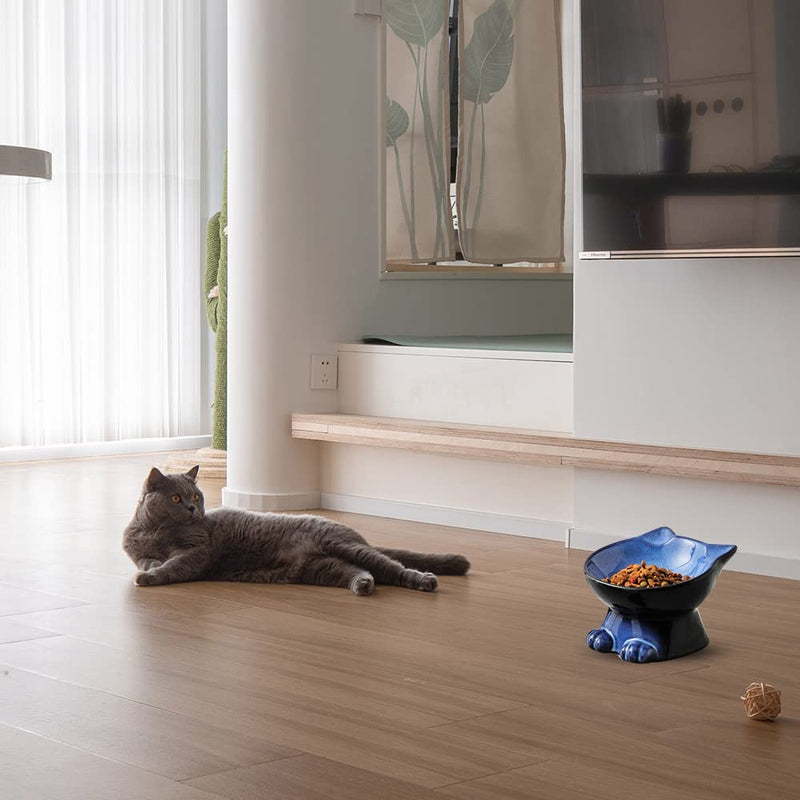 Nihow Slanted Elevated Cat Bowls: Ceramic Raised Cat Food Bowl for Protecting Pet's Spine - Microwave & Dishwasher Safe -Elegant Blue & Black (1 PC) 4.5 OZ - PawsPlanet Australia