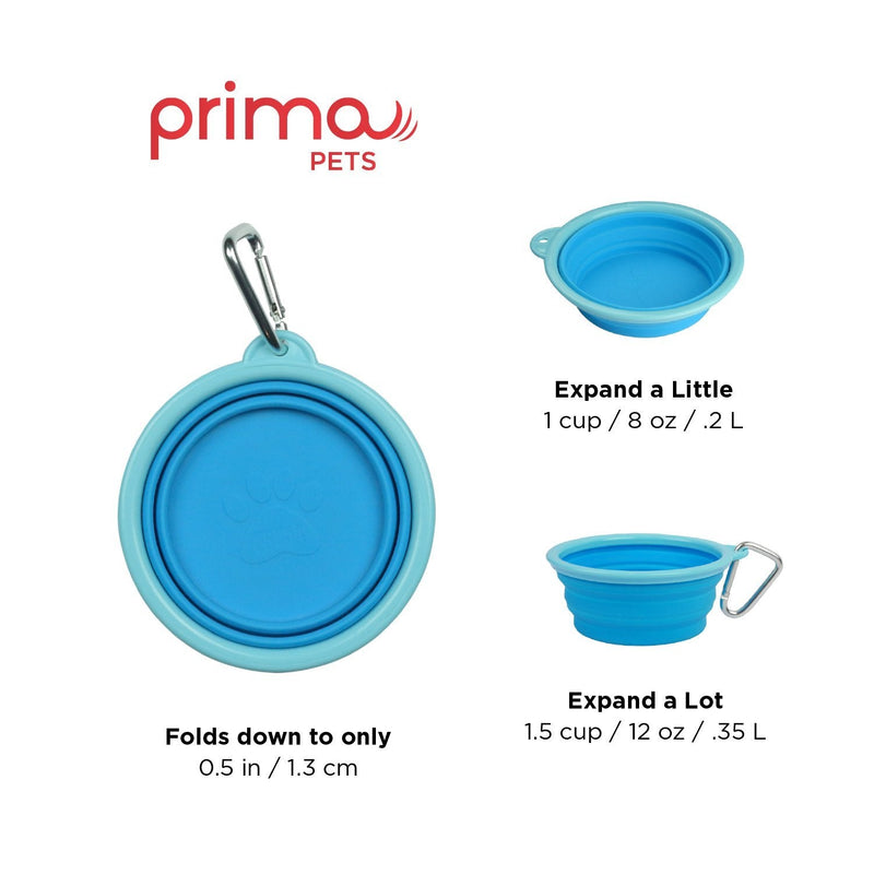 Prima Pet Expandable/ Collapsible Silicone Food & Water Travel Bowl with Clip for Small & Medium Dog and Cat, Size: 1.5 Cups (5.1 Inch Diameter Bowl) (AQUA) SMALL (1.5 CUPS) AQUA - PawsPlanet Australia