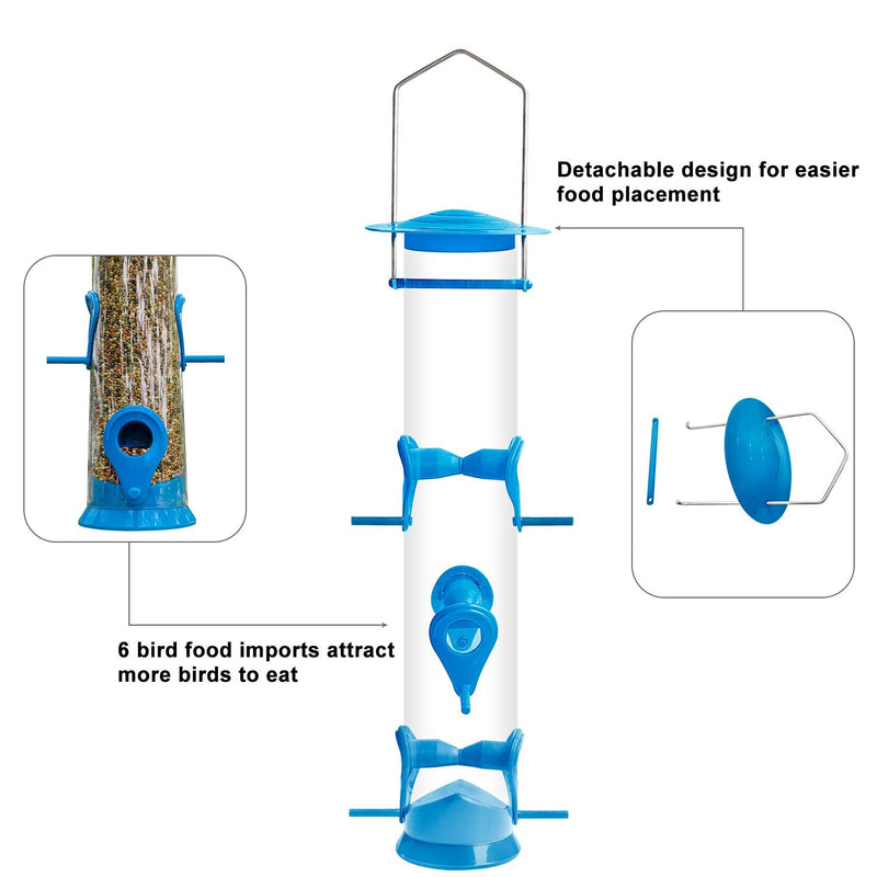 Urban Deco Bird Feeders Hanging Plastic Tube Bird Seed Feeder 6 Ports Long Bird Feeder Bird Feeding Station with Steel Hanger Bird Seed Holder for Small Birds Hummingbirds (Blue-1 Pack) Blue-1pack - PawsPlanet Australia