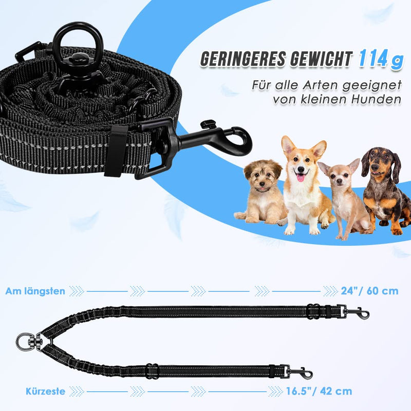 Nasjac Double Dog Leash, Tangle Free 360° Rotating Splitter Double Leash for Two Dogs, Adjustable Shock Absorbing Bungee Reflective Leash for Dogs Small Medium and Large Running Training Small (3-9KG) Black - PawsPlanet Australia