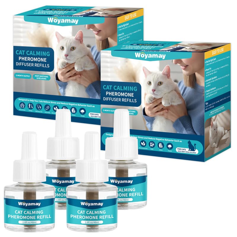 Woyamay Cat Calming Diffuser Refills - 4 Pack Cat Pheromones Calming Diffuser for Cat Anxiety Relief, Cat Pheromone Diffuser, 120 Days Pheromone Diffuser to Calm Cats, Fits All Common Diffuser Heads 4 Refills - PawsPlanet Australia