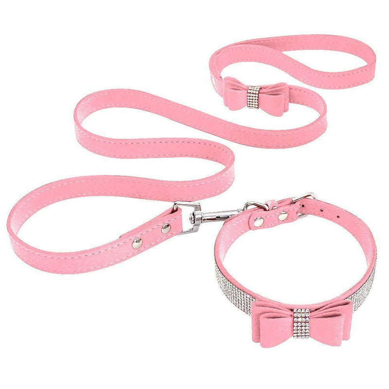 [Australia] - Beirui Bling Soft Leather Dog & Cat Collar & Leash Set - Rhinestone Flocking Sparkly Crystal Diamonds Studded - Cute Double Bowknot - Perfect 4 Foot for Pet Show S: Neck fit 10-12.5"(total 14.5") Pink 