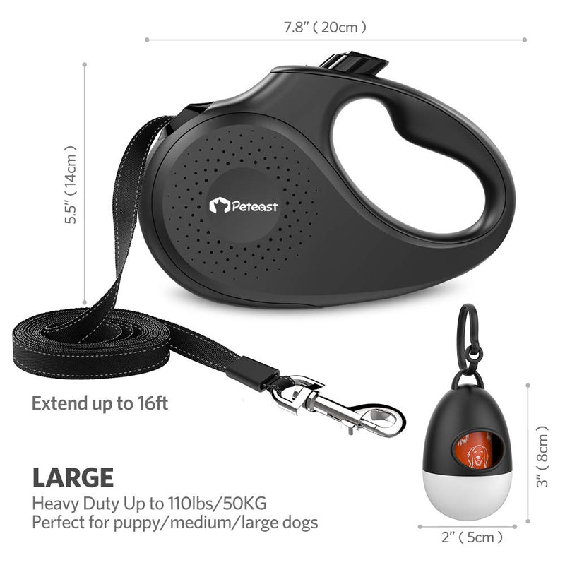 Peteast Retractable Dog Leash, 360° Tangle-Free, Heavy Dutyup to 110Lbs Pets, 16' Strong Reflective Nylon Tape with Waste Bag Dispenser, One-Handed Brake/Pause/Lock L - PawsPlanet Australia