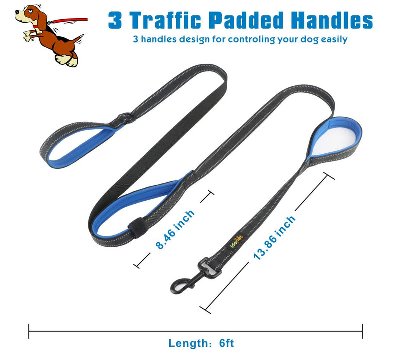 [Australia] - Idepet Dog Leash 3 Handles 6ft Traffic Padded - Pet Training Walking Lead Heavy Duty Reflective Leash for Large,Medium and Small Dogs Blue 