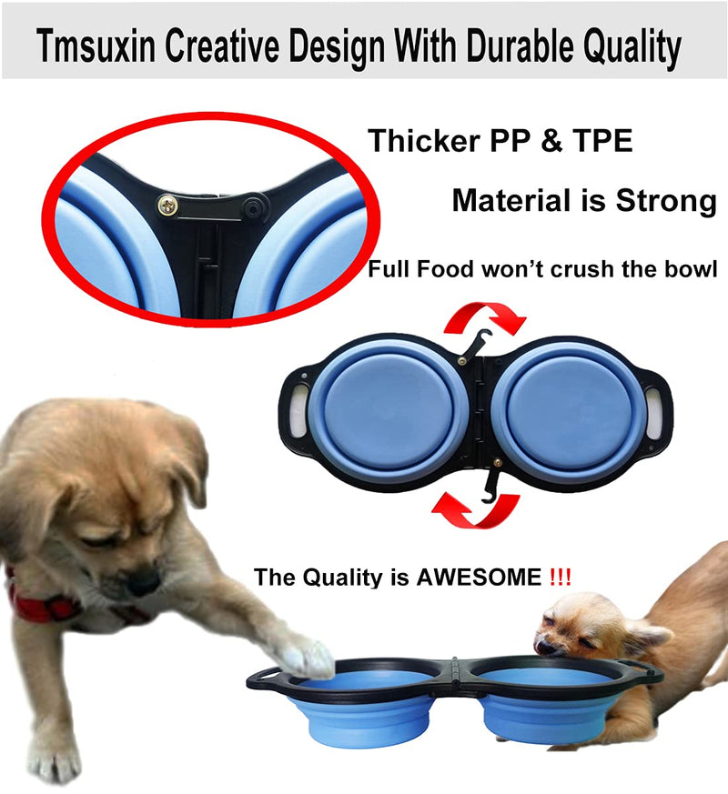 Tmsuxin Collapsible Dog Bowls Water, Portable Travel Pet Food Feeding Cat Bowl, Foldable Portable Double Bowls Design with Free Carabiner Cat Food Scoops, Suitable for Traveling, Hiking, Camping Blue - PawsPlanet Australia
