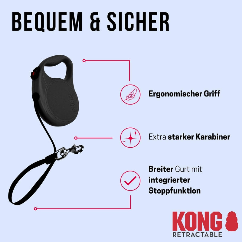 KONG roll-out dog leash in 5m length I For large dogs up to 50 kg I Size LI high-quality rolled leash in black with break & lock system I light & compact lead leash large - PawsPlanet Australia