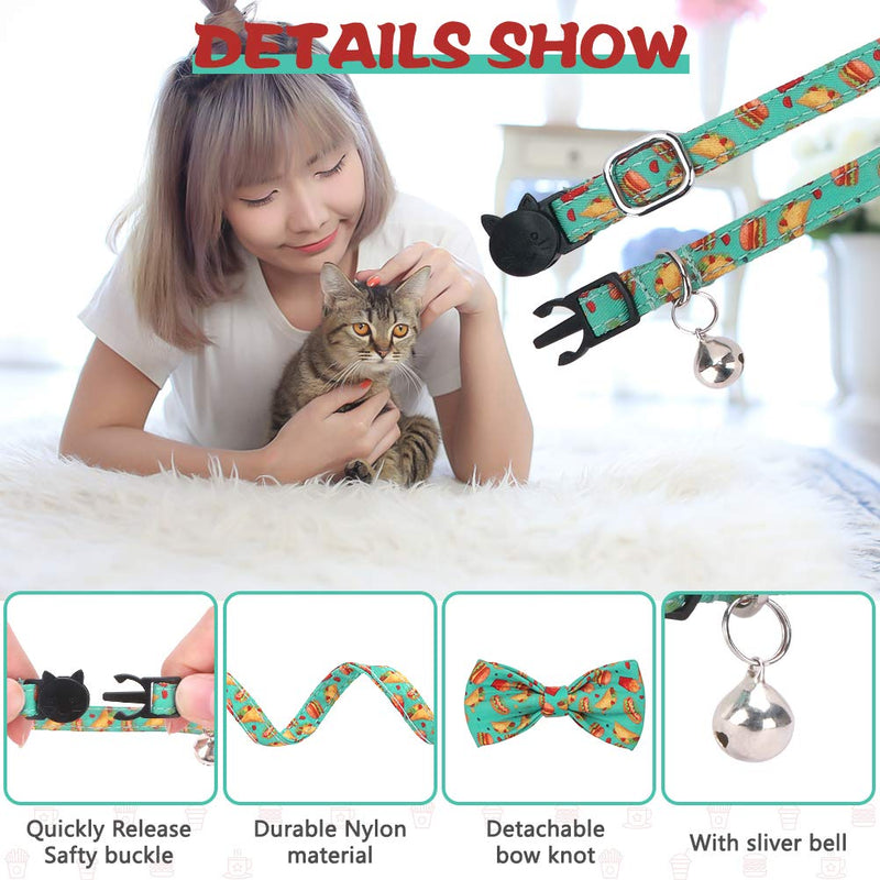 [Australia] - KOOLTAIL Cat Collars Breakaway with Bells - 2 Pack Bowtie Cat Collar with Cute Sushi & Hamburger Patterns, Kitten Neck Accessories for Daily Wearing 