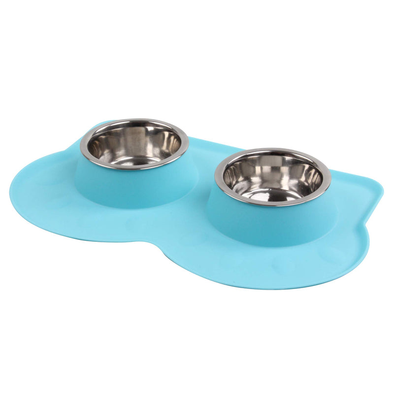 [Australia] - Pet Food and Water Bowls with 2 Stainless Steel Bowl & No Spill Non-Skid Silicone Mat Dog Double Feeding Bowl (350ml x 2) Blue 