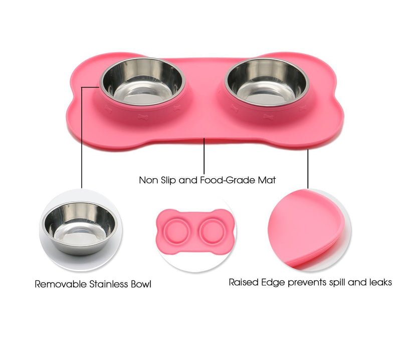 [Australia] - Vivaglory Dog Bowls Stainless Steel Water and Food Feeder with Non Spill Skid Resistant Silicone Mat for Pets Puppy Small Medium Dogs 6½ oz ea. Pink 