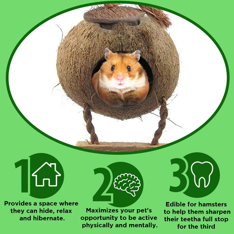 [Australia] - SunGrow Hamster House with Ladder, 5.1-inches (Shell Diameter) 2.4-inches (Opening Diameter), Nesting Home and Feeder, Raw Coconut Husk, Durable Habitat with Hanging Loop 