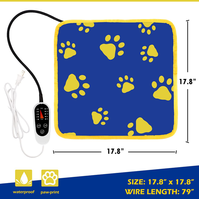 Pet Heating Pad, Waterproof Dog Heating Pad Mat for Cat with 5 Level Timer and Temperature, Pet Heated Warming Pad with Durable Anti-Bite Tube Indoor for Puppy Dog Cat (Blue Paw, 18" X 18") - PawsPlanet Australia