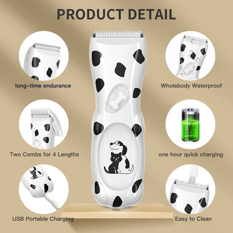 LEMULEGU Powerful Electrict Handy Pet Hair Shaver Kits with USB Chargeable Waterproof Body Hair Grooming Clippers for Dogs and Cats White Spotted Dog with 8 Shaped Plugs White-2 - PawsPlanet Australia