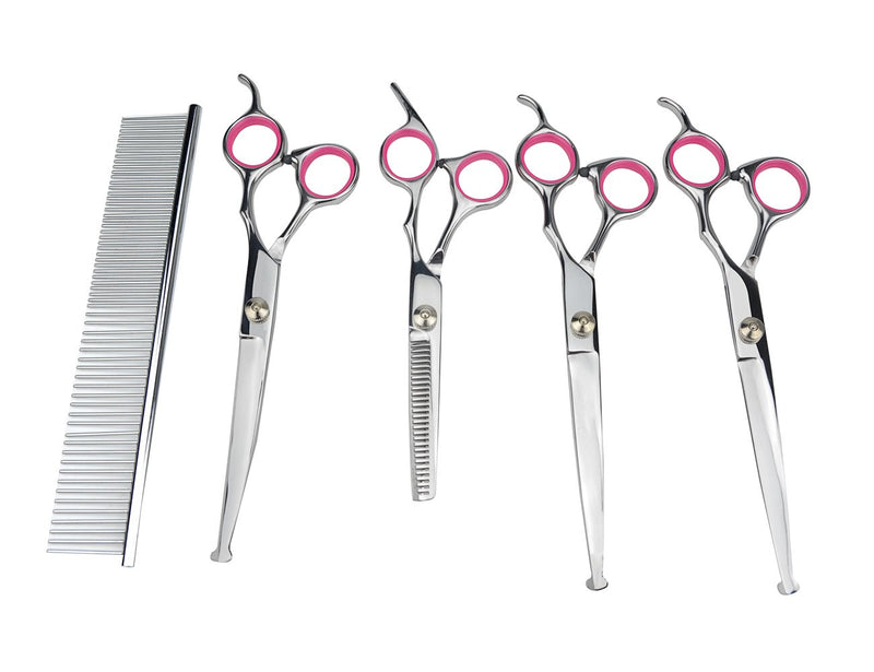 [Australia] - LILYS PET 7.0"/7.5" Round-TIP Safety Professional Stainless Steel PET Dog Cat Grooming Scissors Set,Pink Ring, Cutting&Curved&Thinning Shears Set 4+1 PCS 7.0" 