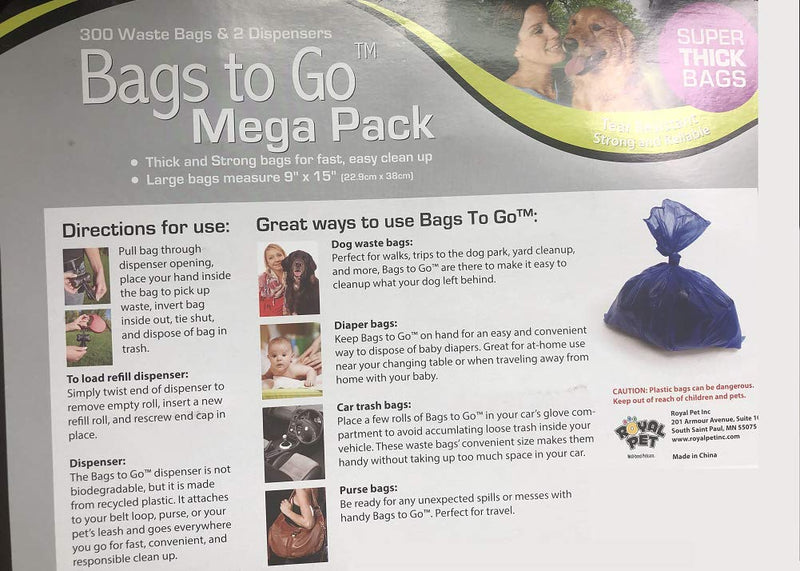 [Australia] - Bags to Go Waste Bag for Clean Up, Strong Thick Tear Resistance 300 Bags Plus 2 Dispenser (300 Bags) 