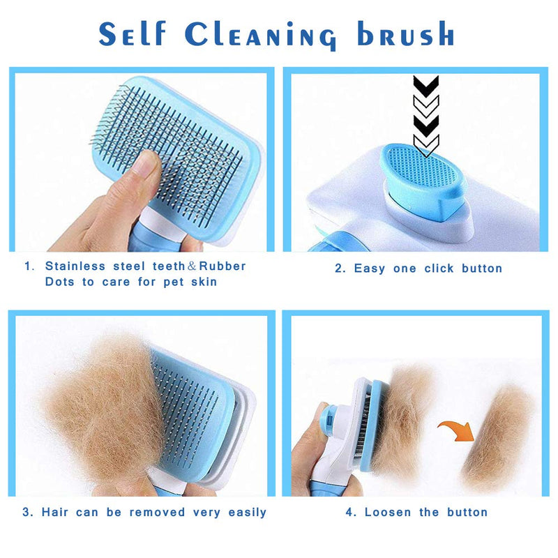 FymuSing Self Cleaning Pet Brush for Dog and Cat, Grooming Brush with Long and Soft Hair Blue - PawsPlanet Australia