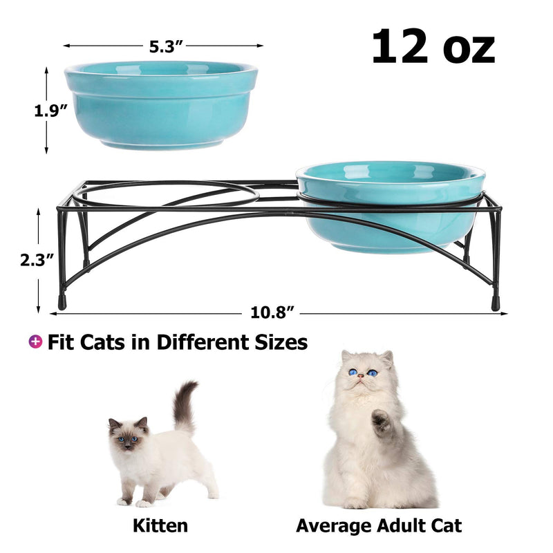 Y YHY Ceramic Cat Food Dishes, Raised Pet Food Bowls and Water Bowls, Double Cat Dishes with Metal Stand, Gift for Cat and Puppy, 355ML, Blue - PawsPlanet Australia