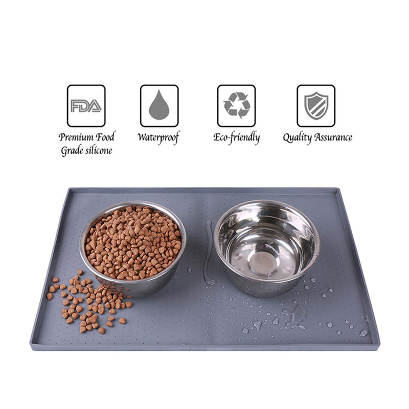 [Australia] - Hubulk Dog Cat Food Feeding Mat L (19"x12") XL (24"x16") or XXL (32X24) 0.5" & 1" inch Raised Edge Silicone Non Slip Waterproof Pet Food Mat Dog Bowl Placemat Large Grey 