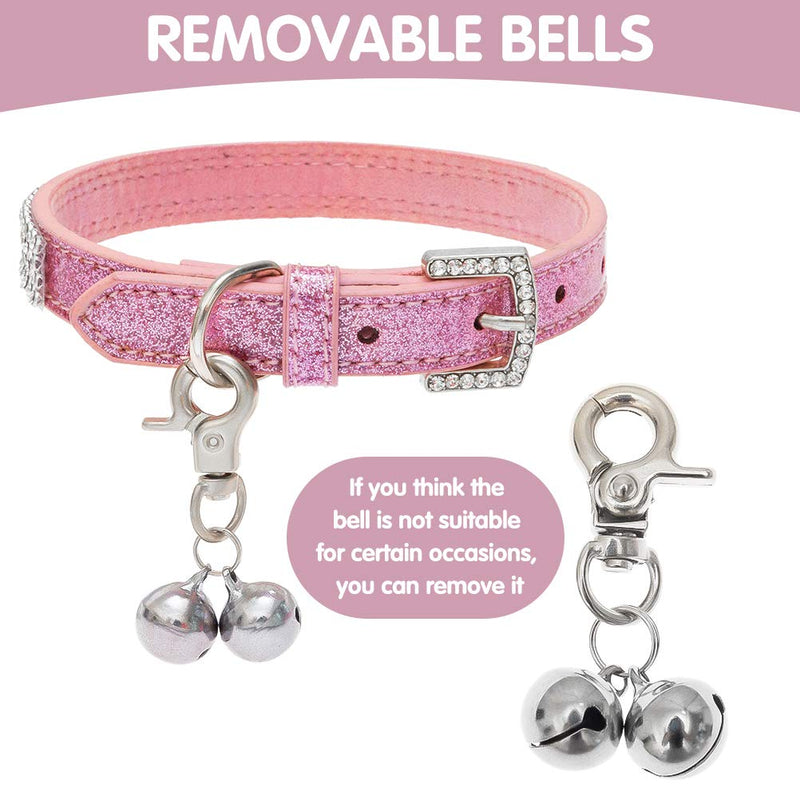 PUPTECK Basic Adjustable Cat Collar with Bling Diamante and Double Bells, for Kitten and Small Puppy, Fashion and Shining XXS: Collar adjustable: 6-8in , 0.3inch width Pink - PawsPlanet Australia