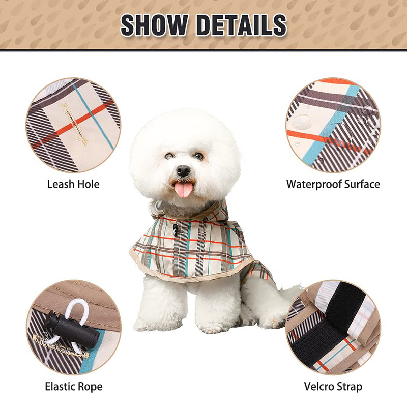 BINGPET Plaid Dog Raincoat - Hooded Waterproof Pet Poncho with Reflective Strap, Lightweight Dog Rain Coat Jacket with Leash Hole, Fit for Small Medium Dogs Beige - PawsPlanet Australia