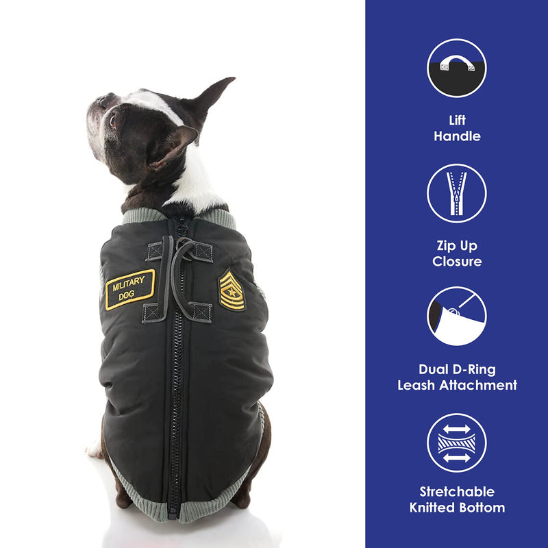 Gooby Military Vest Dog Jacket - Black, Large - Warm Zip Up Coat with Lift Handle and Dual D Ring Leash - Winter Stretch Chest Small Dog Sweater - Dog Clothes for Small Dogs Boy and Medium Dogs Large chest (17.25") - PawsPlanet Australia