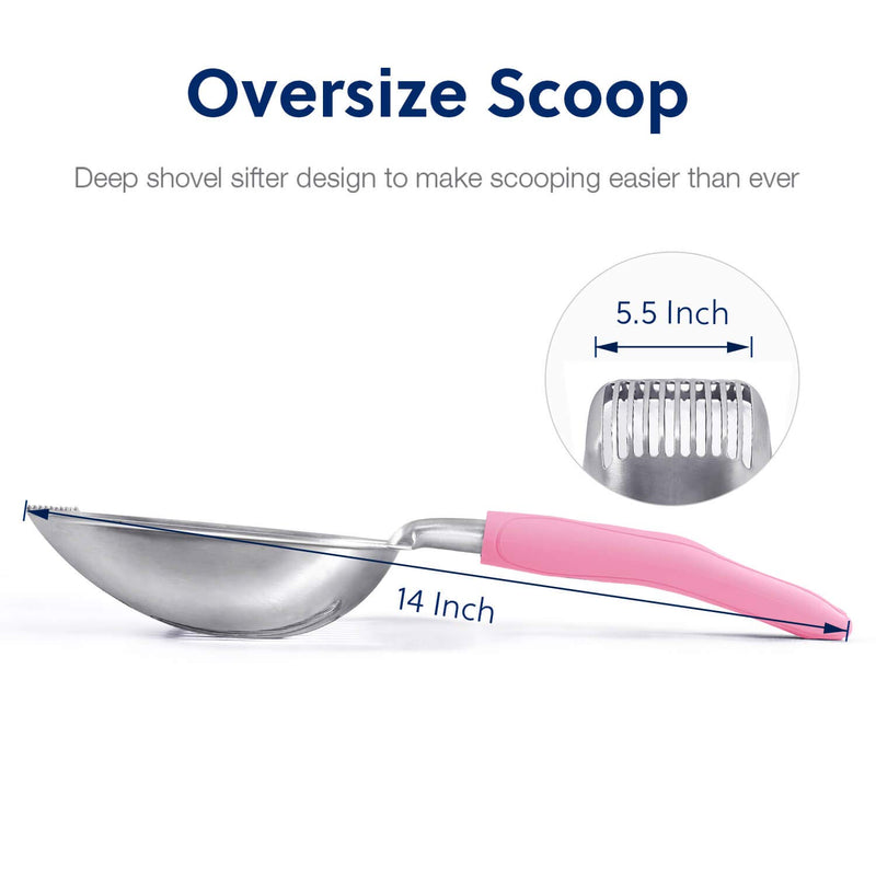 WePet Cat Litter Scoop, Aluminum Alloy Sifter, Kitty Metal Scooper, Deep Shovel, Long Handle, Poop Sifting, Kitten Pooper Lifter, Durable, Heavy Duty, for Litter Box, Flat Aluminum with Pink Handle - PawsPlanet Australia