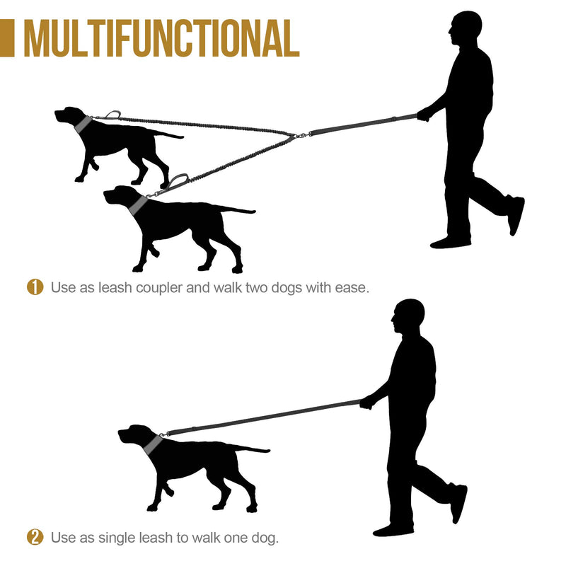 Dual Dog Leash, Double Dog Leash - 360¡ãSwivel No Tangle Double Dog Walking & Training Leash, Comfortable Shock Absorbing Bungee for Two Dogs, Medium Large(Black) Black - PawsPlanet Australia