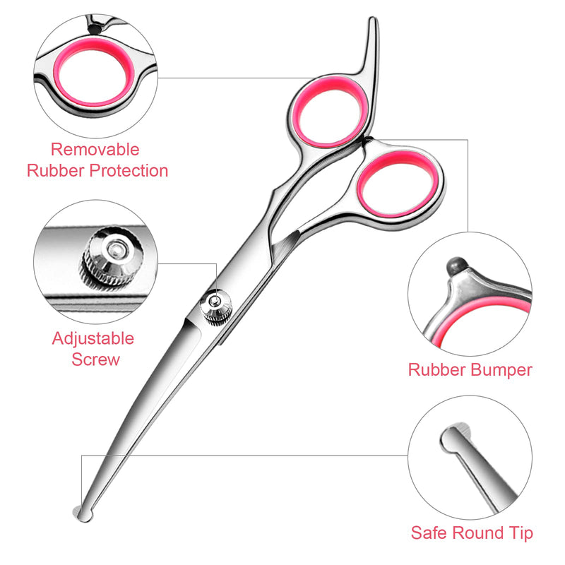 Dog Grooming Scissors Kit with Safety Round Tips Stainless Steel Professional Dog Grooming Shears Set - Thinning, Curved Scissors and Comb for Dog Cat Pet - PawsPlanet Australia