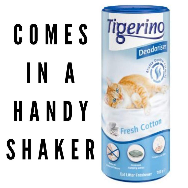 Tigerino Deodorizer, Fresh Cotton - 2 X 700g Powdery Floral Fragrance With Vanilla, Jasmin And Violet, Rounded Off With Iris And Ceder Wood, Litter Deodorizer With Fine Granules Of Natural Clay - PawsPlanet Australia