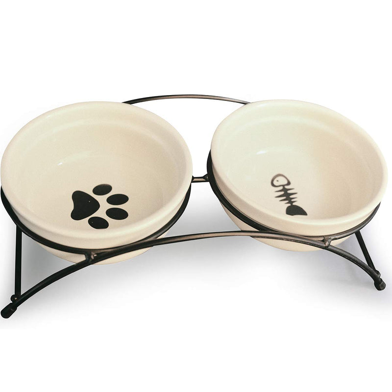 [Australia] - MushroomCat Pet Personalized Cute Feeder Double Ceramic Cat Dog Bowl Dishes Elevated Food and Water Bowls with Metal Raised Antiskid Stand Beige 