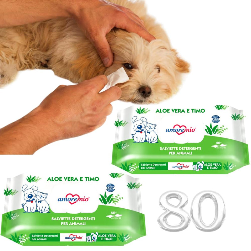 80 cleaning wipes for dogs, cats, pets, disinfectant, formula without smell, maxi size 30 x 20 cm, cleaning paws, fur made in Italy (aloe vera and thyme) aloe vera and thyme - PawsPlanet Australia