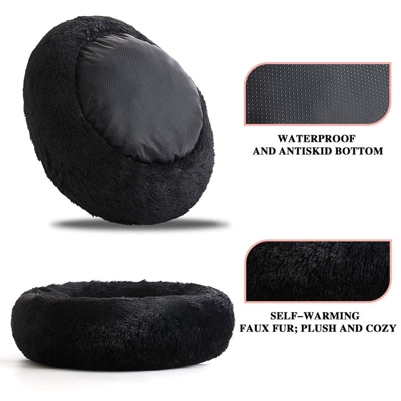 SUNSTYLE Soft Plush Round Pet Bed for Cats Or Small Dogs Cat Bed Self Warming Autumn Winter Indoor Sleeping Cozy Pet Bed for Small Dogs and Cats Donut Anti Slip Bottom (S(20"x20"), Black) S(20"x20") - PawsPlanet Australia
