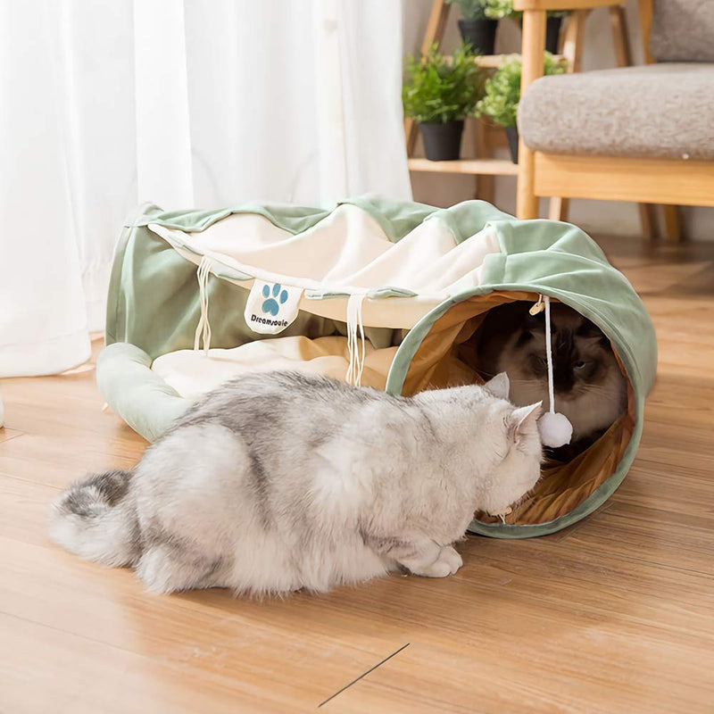 DREAMSOULE 2-in-1 Cat Bed Play Tunnel and Mat for Pets Cats Dogs Rabbits and Pets Kittens for Home Foldable Soft Cat Tunnel Tubes Toys Pet Play Bed Indoor green - PawsPlanet Australia