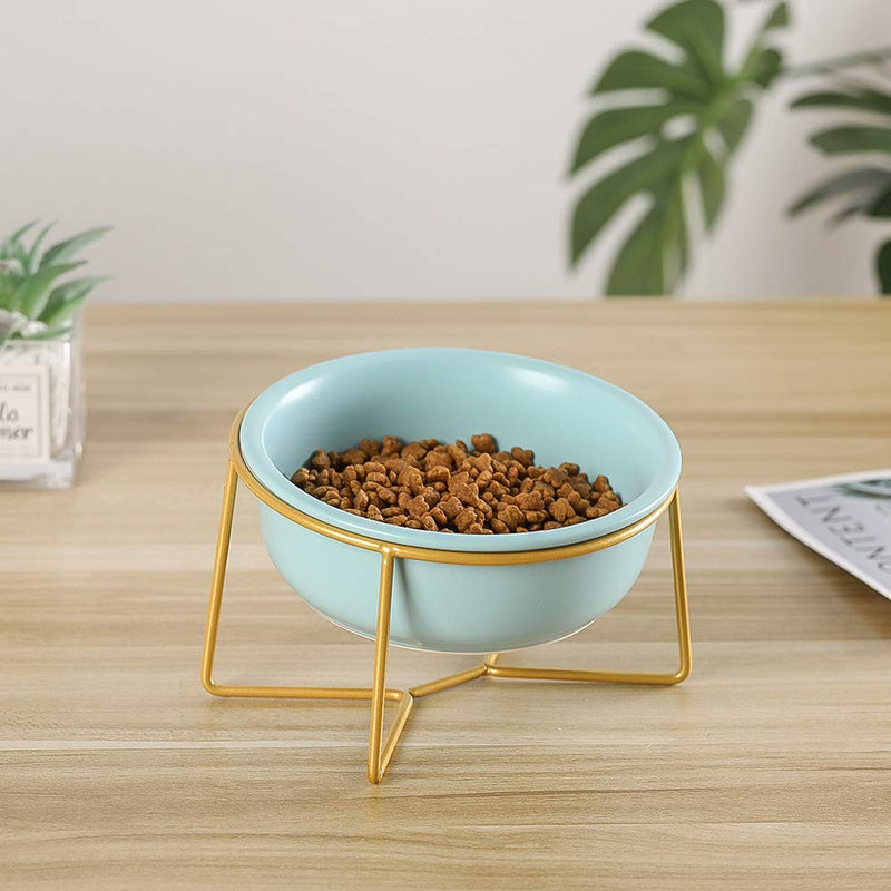 HCHLQLZ Blue Small Ceramic Tilted Elevated Cat Dog Bowl Raised Cat Food Water Bowl Dish Pet Comfort Feeding Bowls with Gold iron stand - PawsPlanet Australia