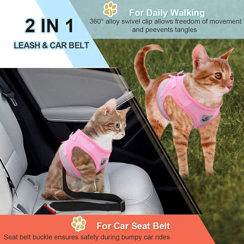 Supet Cat Harness and Leash Set for Walking Escape Proof with 2-in-1 Leash and Car Seat Belt Adjustable Harness for Cats Soft Mesh Cat Vest with Reflective Strap for Kitten Rabbit Puppy X-Small (Chest: 10" - 12") Pink - PawsPlanet Australia