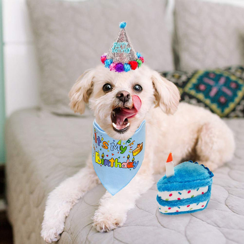 HOMIMP Dog Birthday Bandana Set with Hat & Squeaky Cake Toy - Dog Birthday Party Supplies Outfit and Gift, Great for Small Medium Large Dogs Light Blue - PawsPlanet Australia