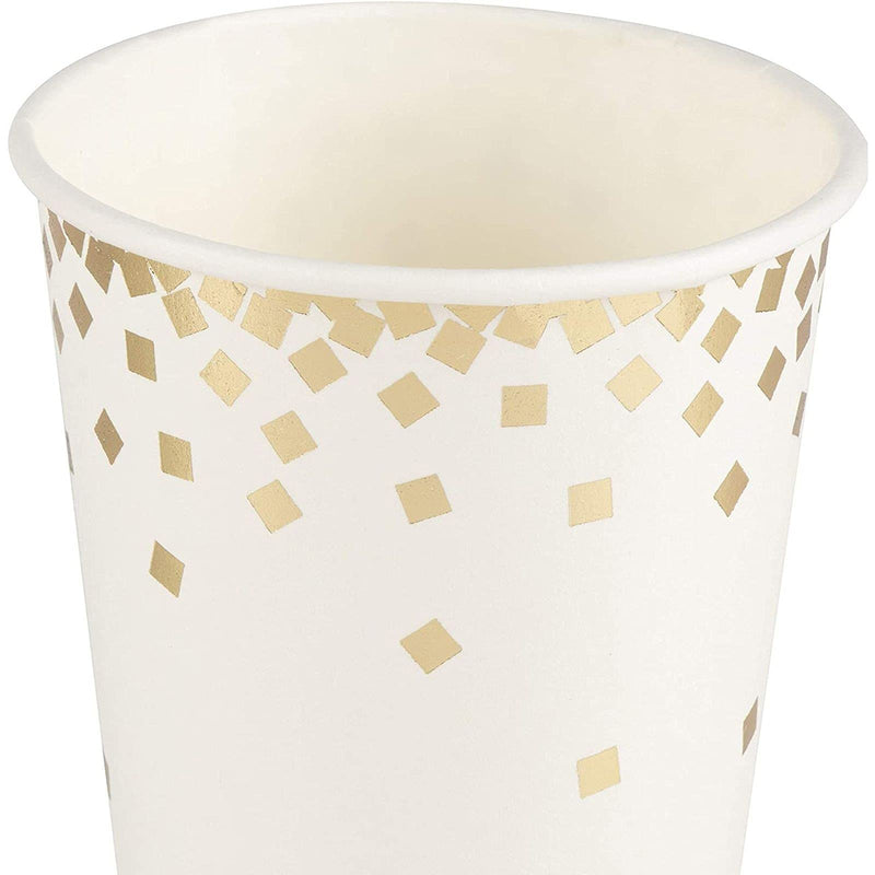 Confetti Party Paper Cups - 50 Pack Gold Foil Disposable Paper Cups, Party Supplies and Decorations for Kids Birthday, Wedding, Bachelorette Party, Baby Shower, White and Gold, 12 Ounce - PawsPlanet Australia